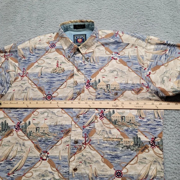 Chaps Ralph Lauren Shirt Mens Medium Tan All Over Print Nautical Light House - Picture 12 of 13